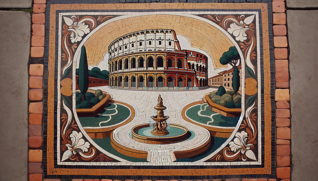 Römische Mosaikdarstellung des Colosseums mit Trevi Brunnen und Vegetation in gedeckten Erdfarben