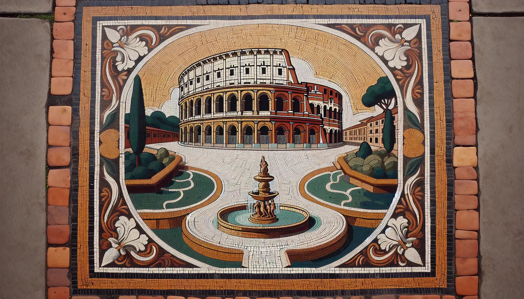 Römische Mosaikdarstellung des Colosseums mit Trevi Brunnen und Vegetation in gedeckten Erdfarben