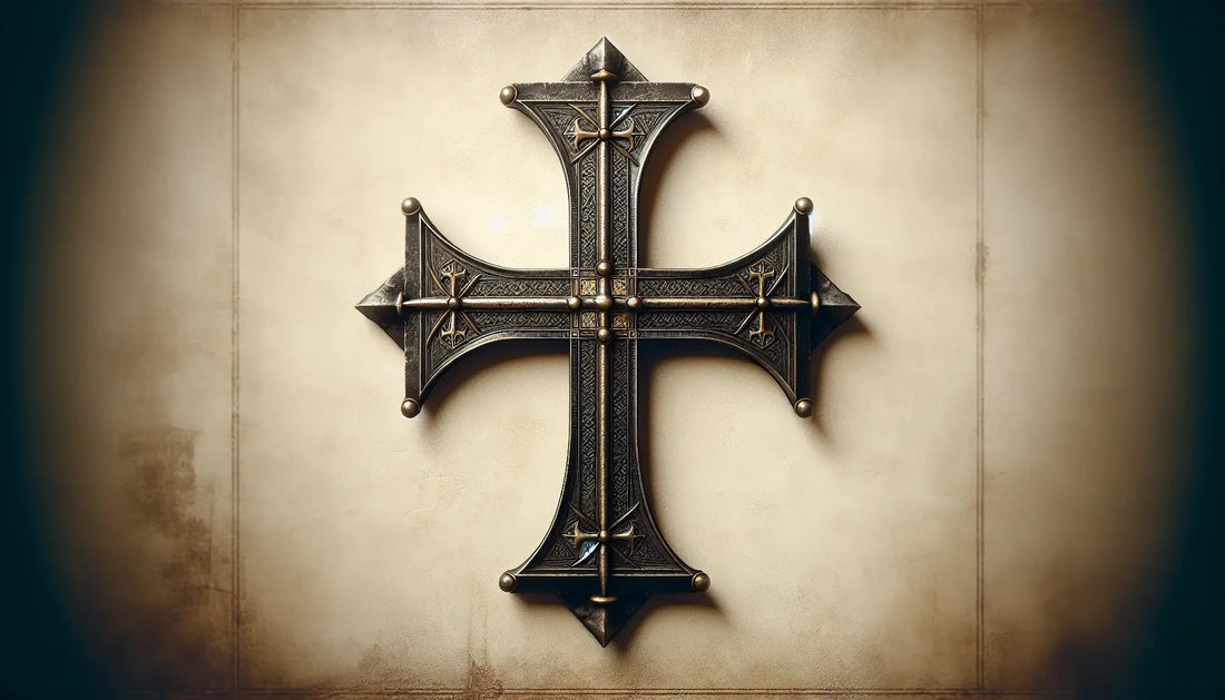 Historisches Kreuz mit Kreuzritter-Emblem auf hellem Hintergrund in gealtertem Malstil