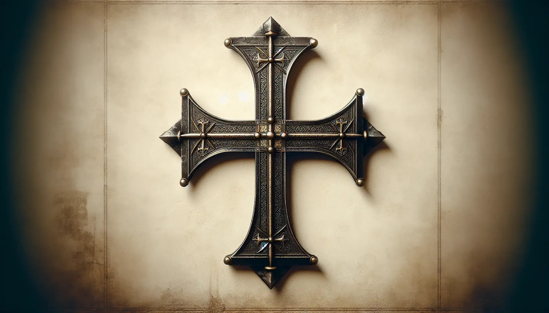 Historisches Kreuz mit Kreuzritter-Emblem auf hellem Hintergrund in gealtertem Malstil