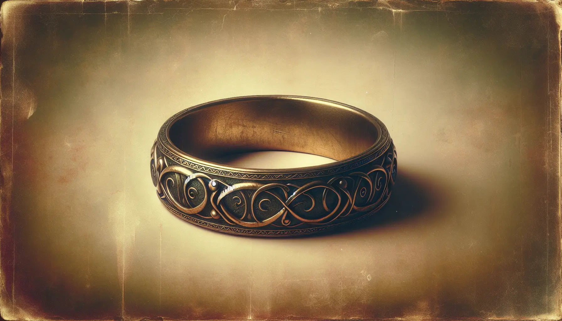 Antiker Ring Draupnir im Aurora Stil mit goldenen Akzenten auf hellem patiniertem Hintergrund