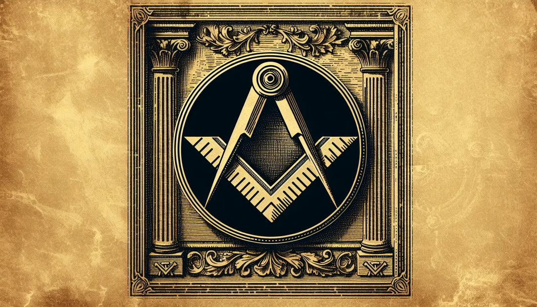 Freimaurerring mit Winkel und Zirkel Symbol als Bleistiftskizze auf pergamentartigem Hintergrund mit goldenen Akzenten