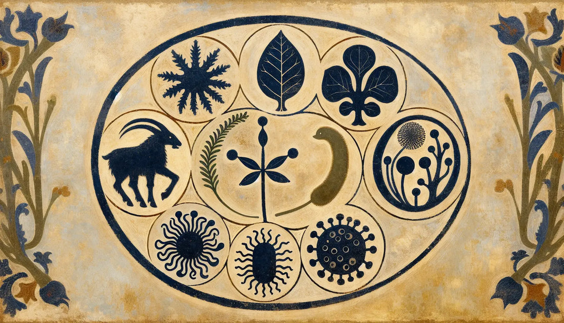 Fünf Symbole der Lebensreiche Tier Pflanze Pilz Protist Monera grob gemalt im mittelalterlichen Stil auf hellem Grund