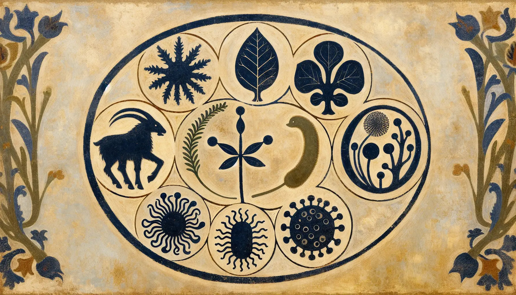 Fünf Symbole der Lebensreiche Tier Pflanze Pilz Protist Monera grob gemalt im mittelalterlichen Stil auf hellem Grund