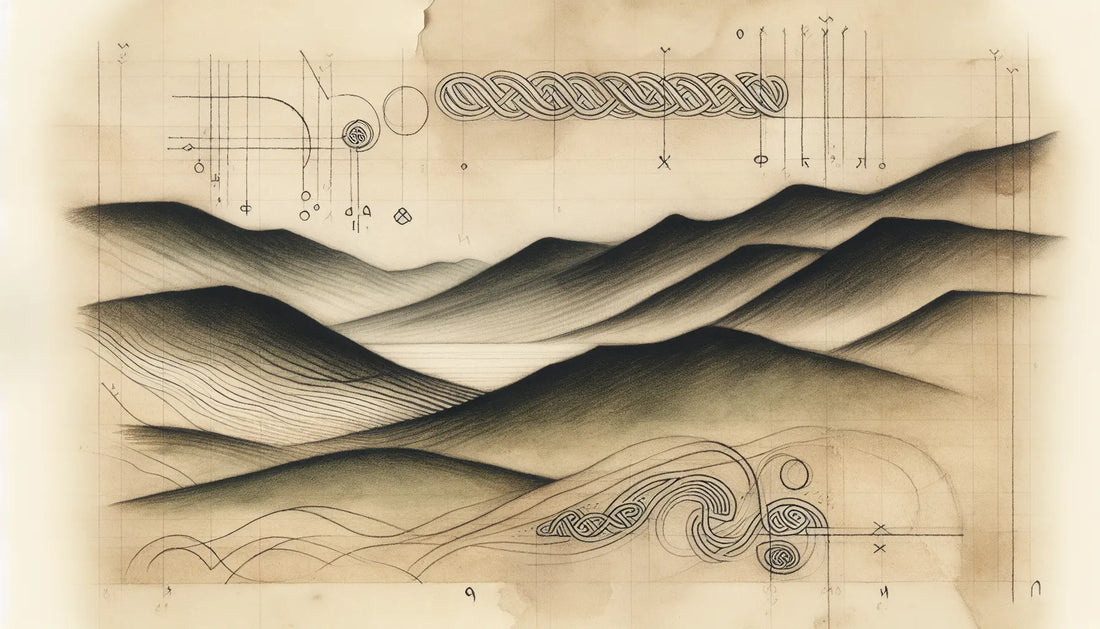Traditionelle schottische Hochlandlandschaft mit keltischen Symbolen auf gealtertem Papier skizziert