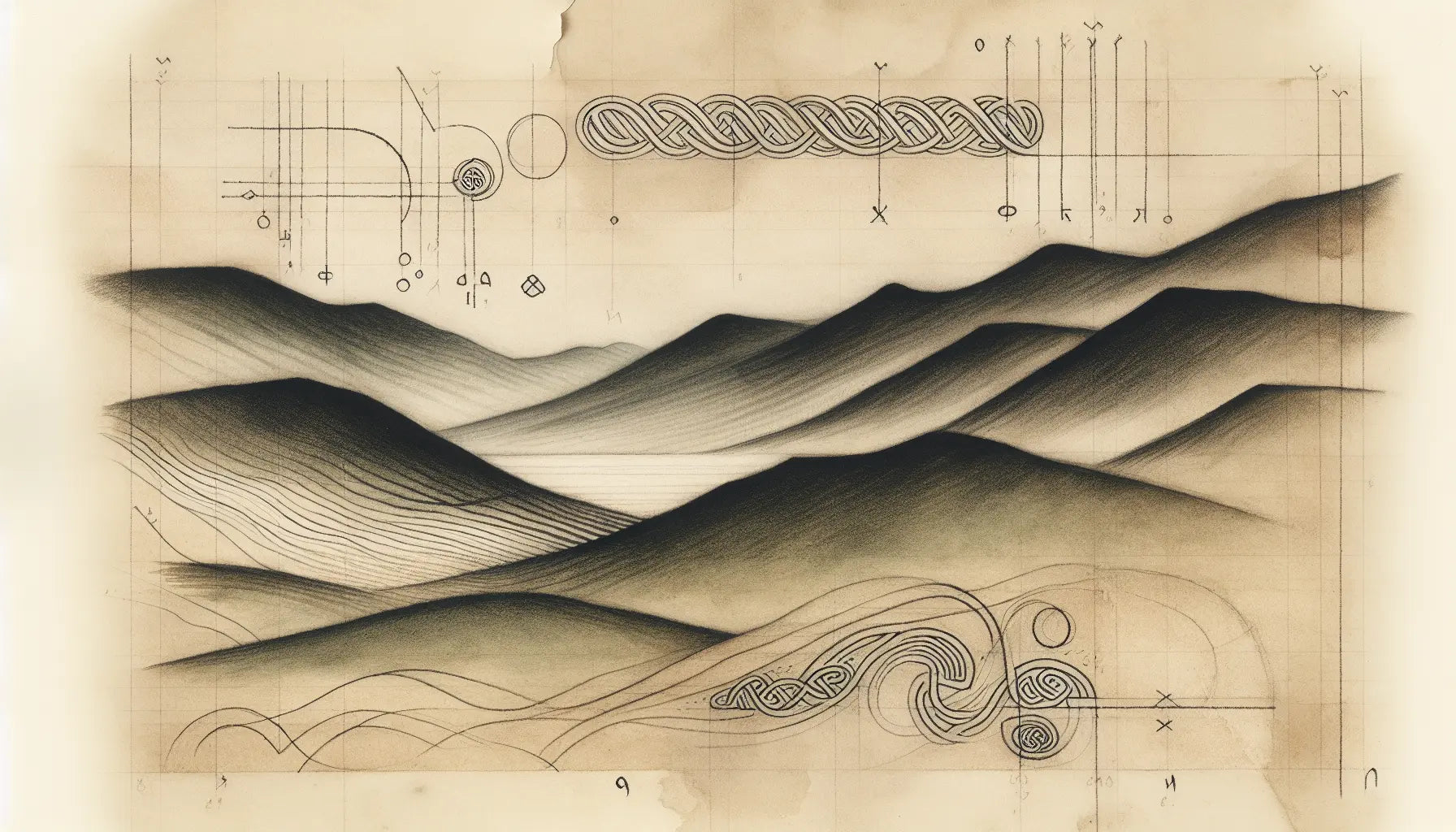 Traditionelle schottische Hochlandlandschaft mit keltischen Symbolen auf gealtertem Papier skizziert