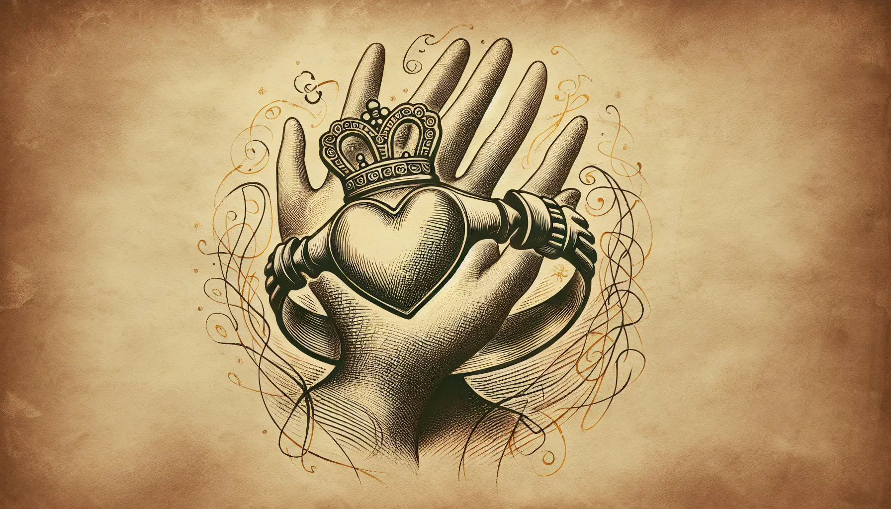 Irischer Claddagh Ring als Bleistiftskizze auf vergilbtem Pergament mit goldenen Akzenten an Herz Krone und Händen