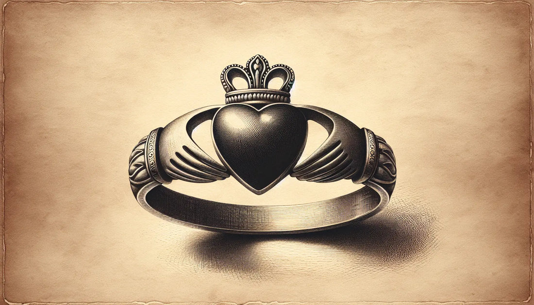 Irischer Claddagh Ring als Bleistiftskizze auf pergamentartigem Hintergrund mit goldenen Details