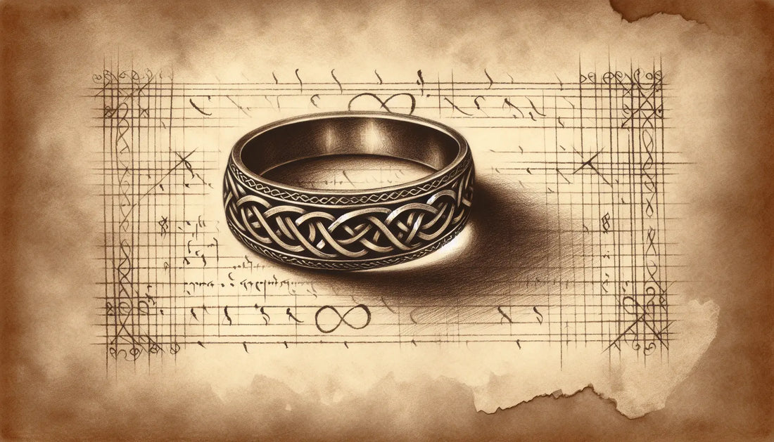 Irish Protestant wedding ring with Celtic knot design sketched in dark charcoal on aged paper with fine golden accents