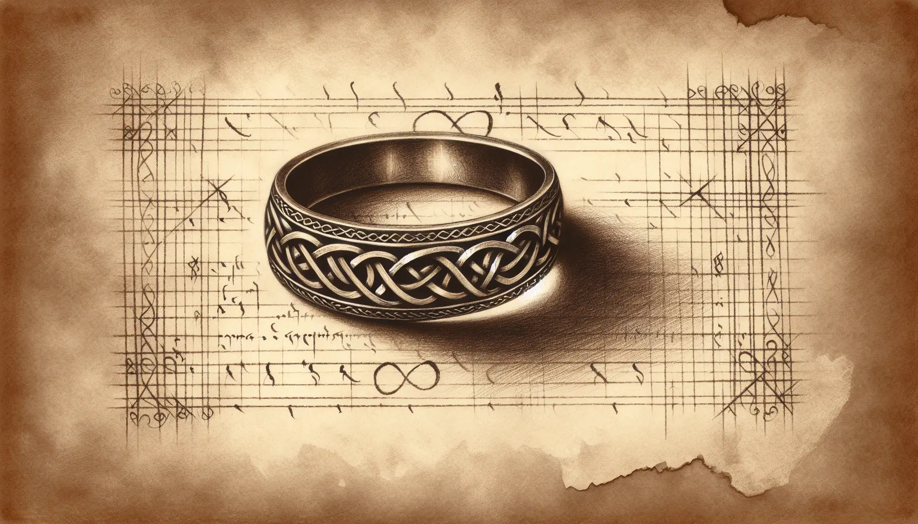 Irish Protestant wedding ring with Celtic knot design sketched in dark charcoal on aged paper with fine golden accents