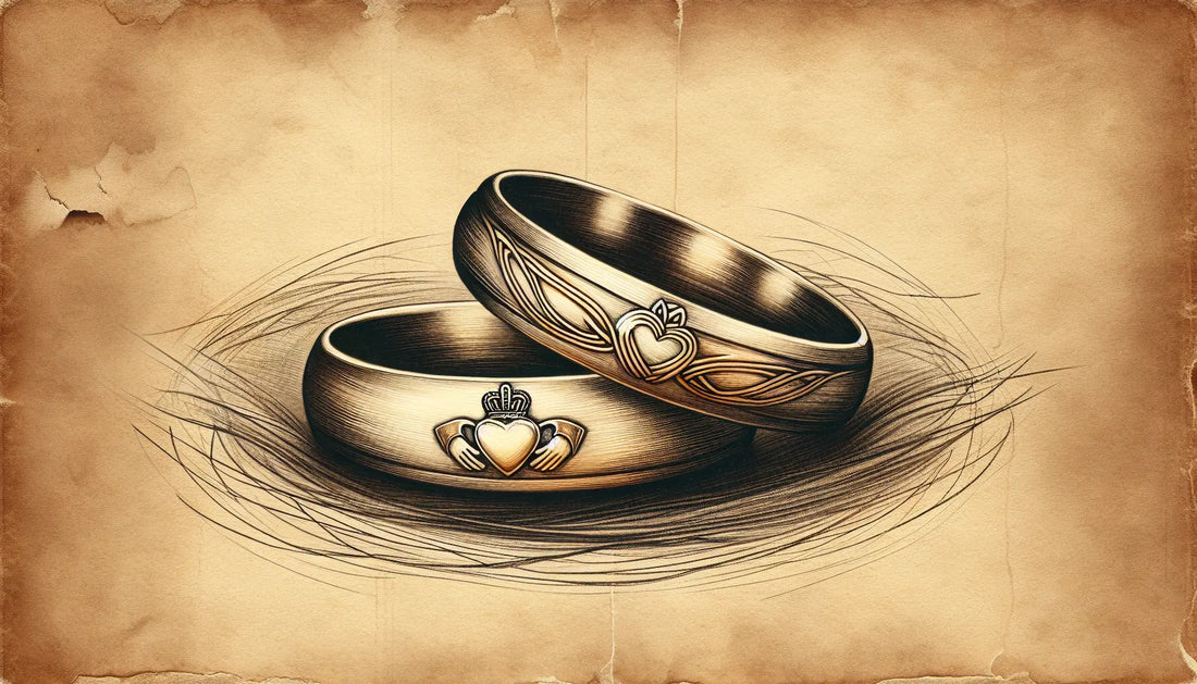 Irish wedding bands with Celtic knots and Claddagh symbols as delicate pencil sketches on aged parchment with faint golden accents