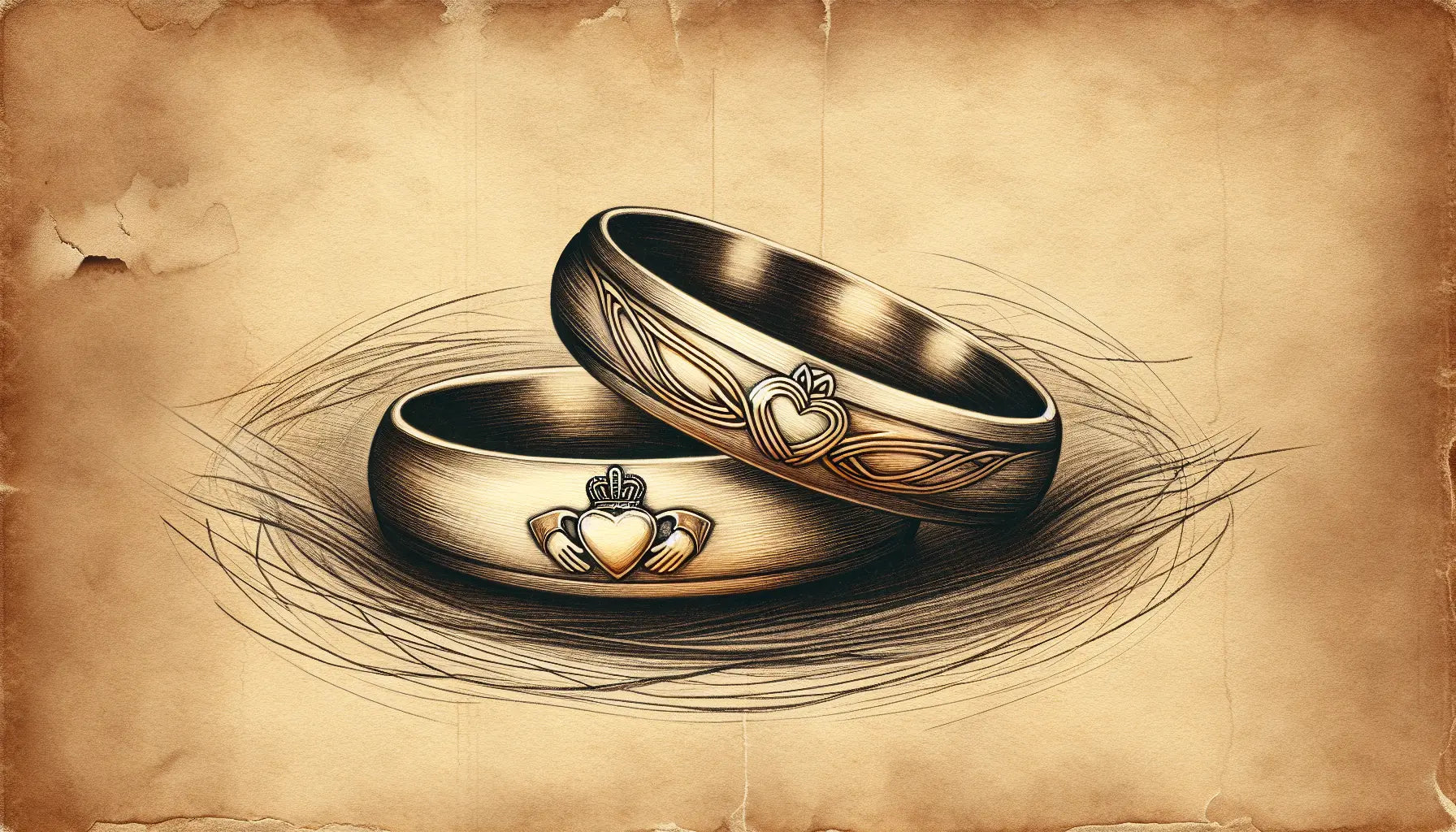 Irish wedding bands with Celtic knots and Claddagh symbols as delicate pencil sketches on aged parchment with faint golden accents