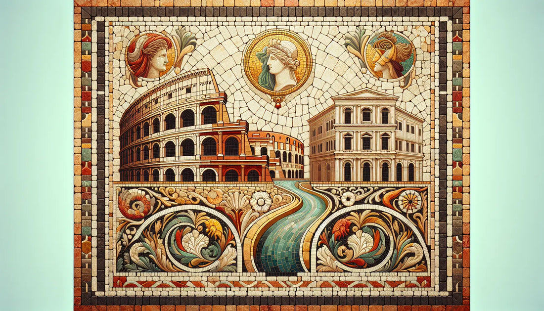 Abstrahierte römische Mosaikdarstellung von Colosseum Kanälen und florentinischer Kunst in erdigen Farbtönen