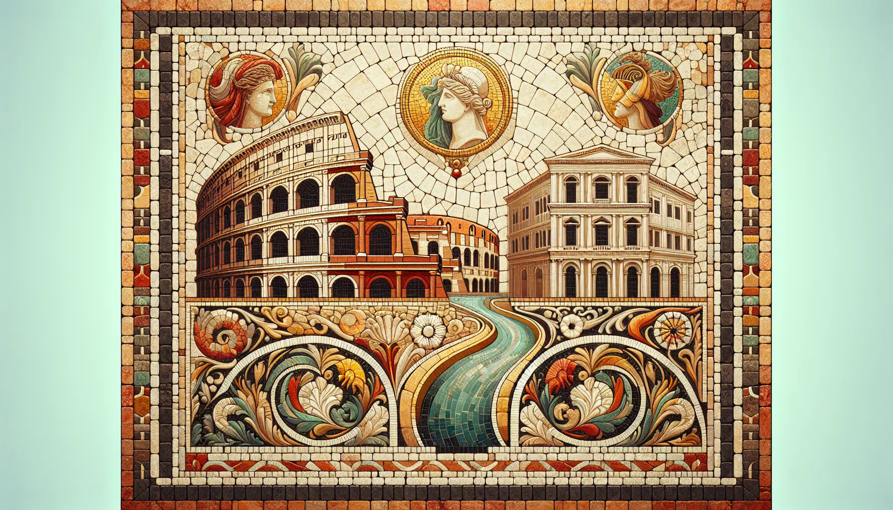 Abstrahierte römische Mosaikdarstellung von Colosseum Kanälen und florentinischer Kunst in erdigen Farbtönen