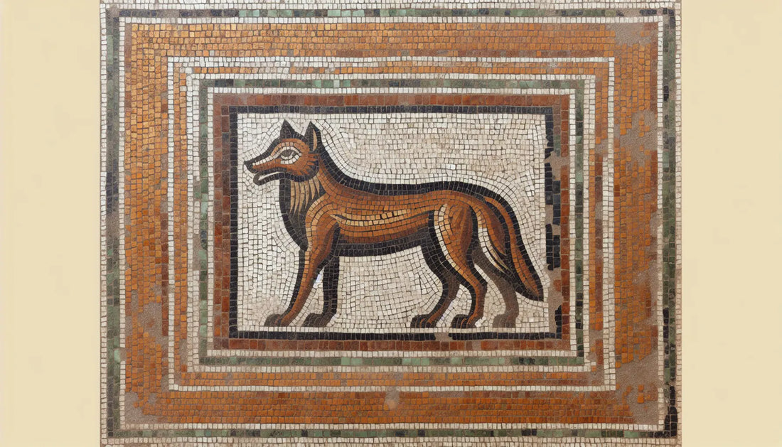 Stilisiertes Mosaik der Kapitolinischen Wölfin römisches Symbol aus rotbraunen ocker goldenen Segmenten auf hellem stein
