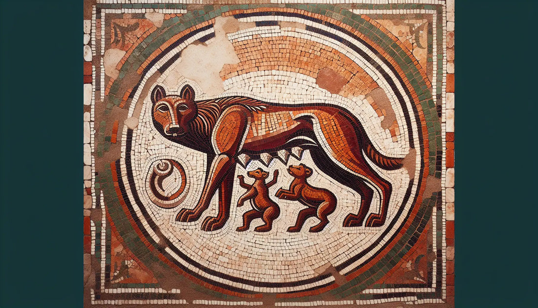 Römisches Bodenmosaik der kapitolinischen Wölfin mit Romulus und Remus in natürlichen Farben