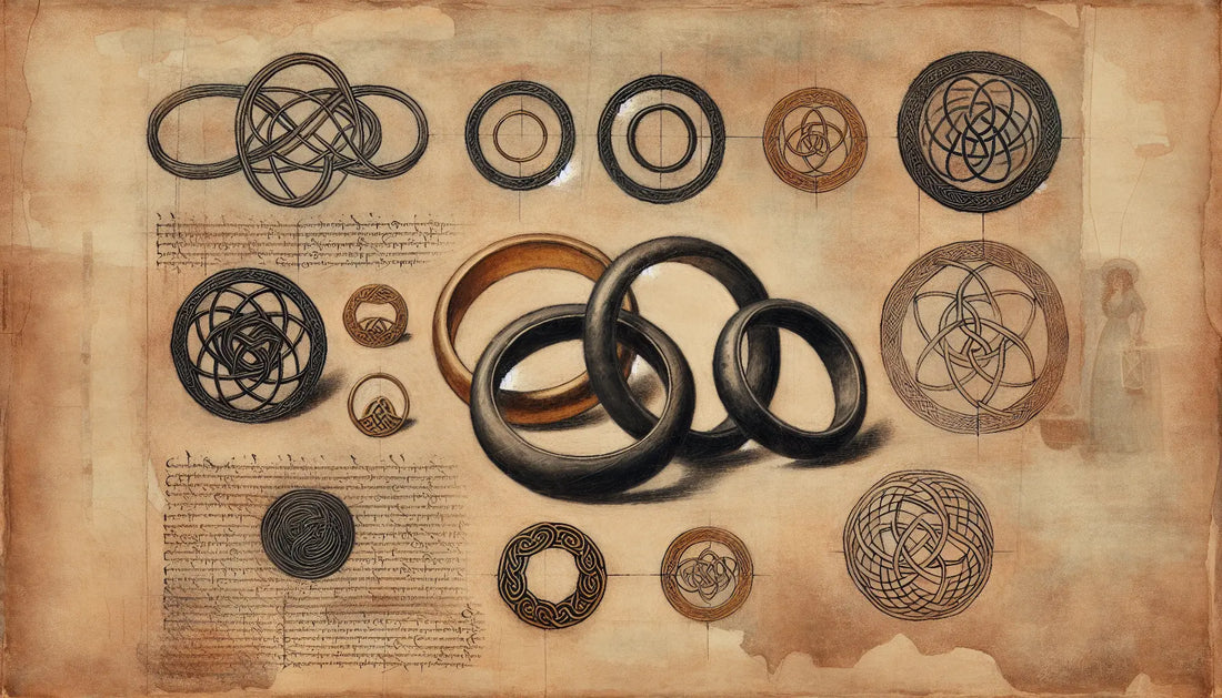 Mehrere keltisch inspirierte Ringe gezeichnet auf vergilbtem Pergament mit keltischen Symbolen wie Knoten Spiralen und feinen goldenen Akzenten