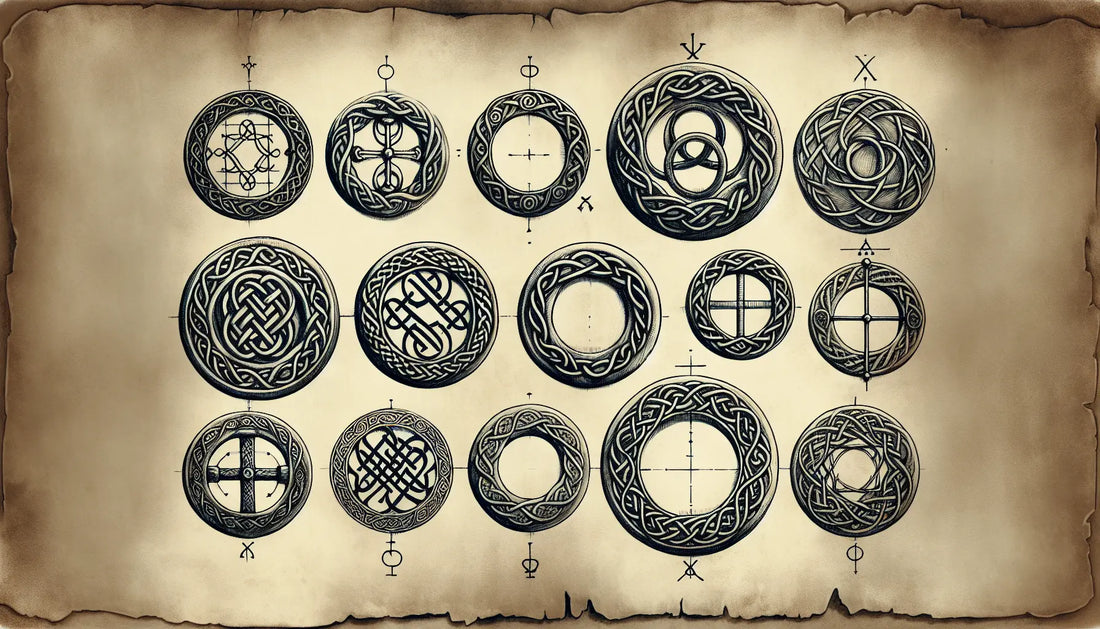 Keltische Ringe mit Knotenmuster und Symbolen in da Vinci Stil auf gealtertem Papier