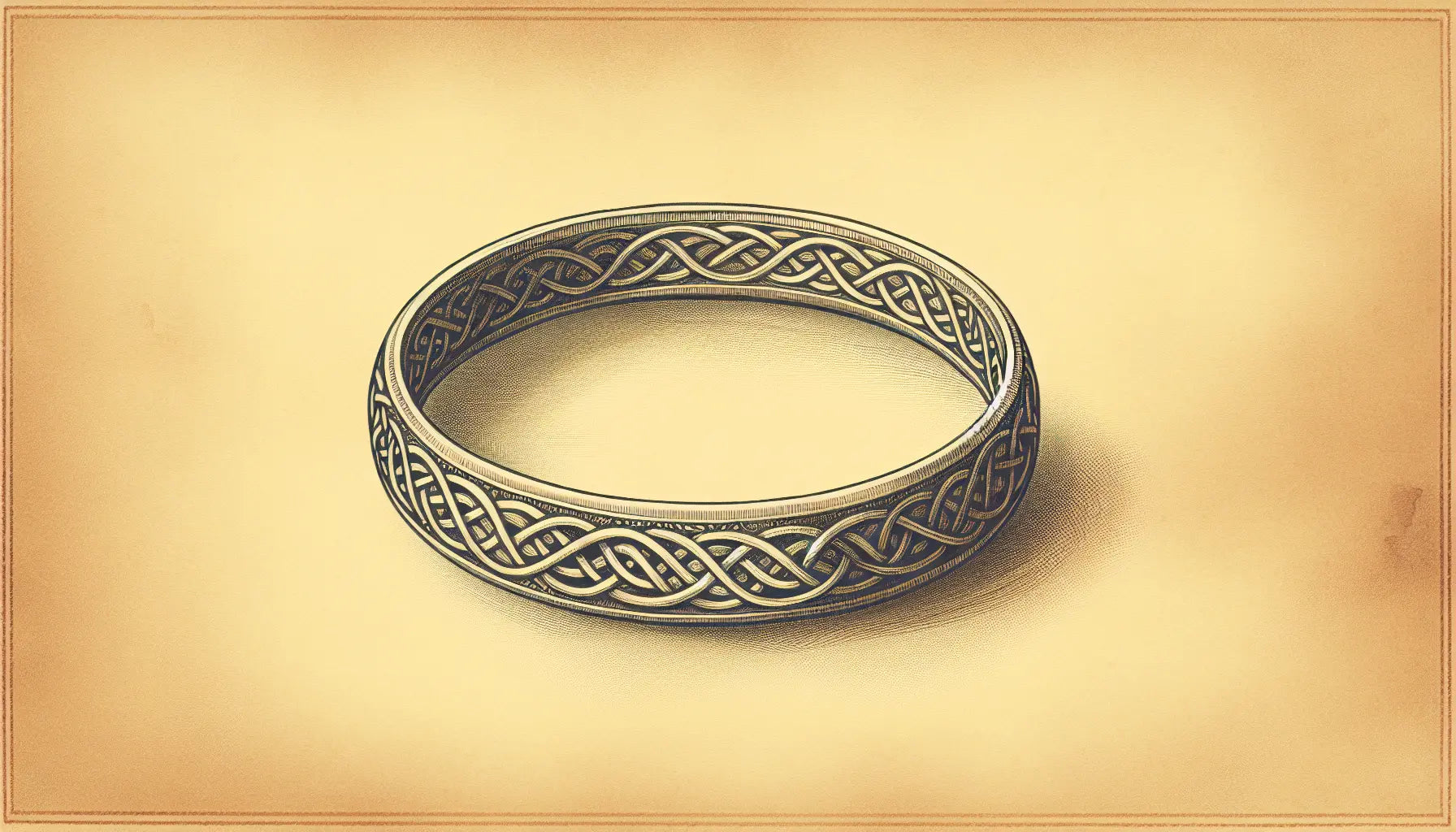 Keltischer Ring mit komplexen Knotenmuster als Bleistiftskizze auf pergamentartigem Hintergrund mit goldenen Akzenten