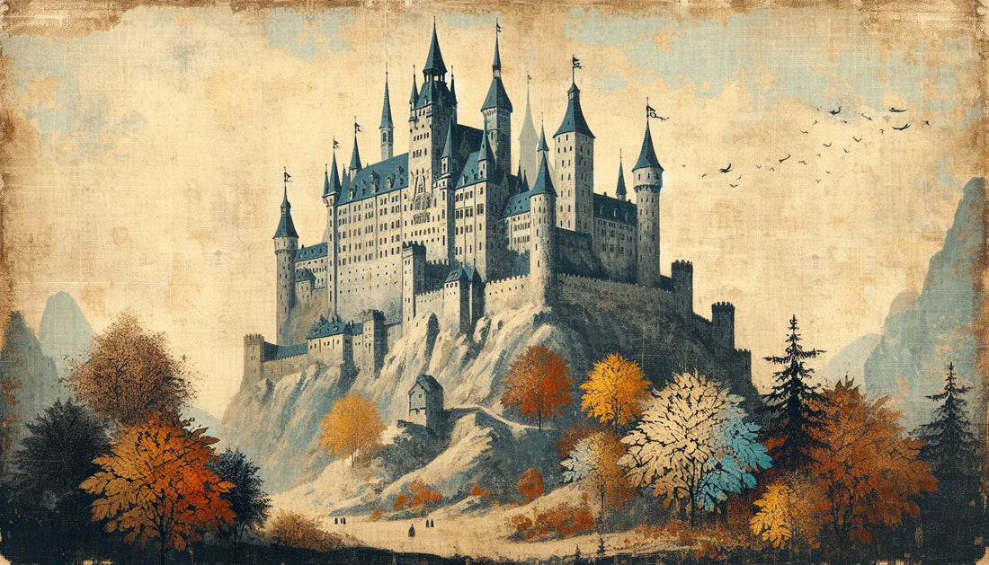 Majestätische deutsche Burg auf Hügel im rauen Ölmalstil mit symbolischen herbstlichen Blättern