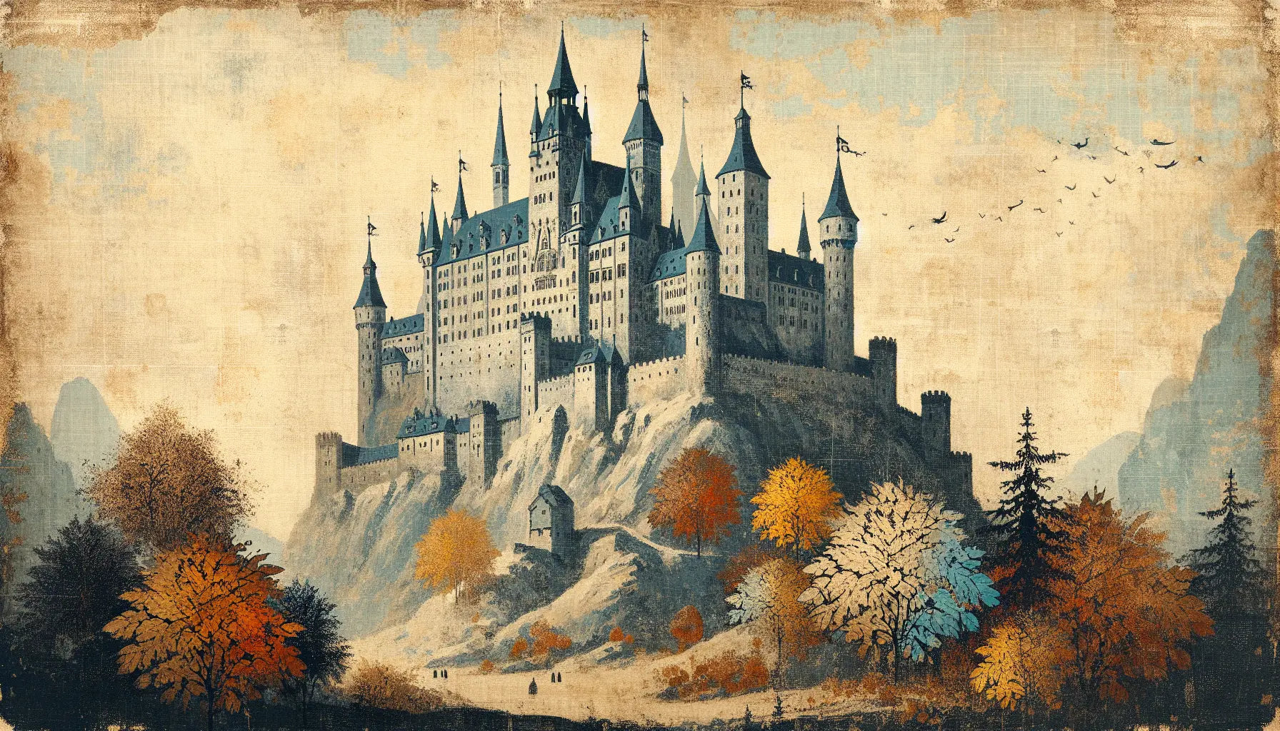 Majestätische deutsche Burg auf Hügel im rauen Ölmalstil mit symbolischen herbstlichen Blättern