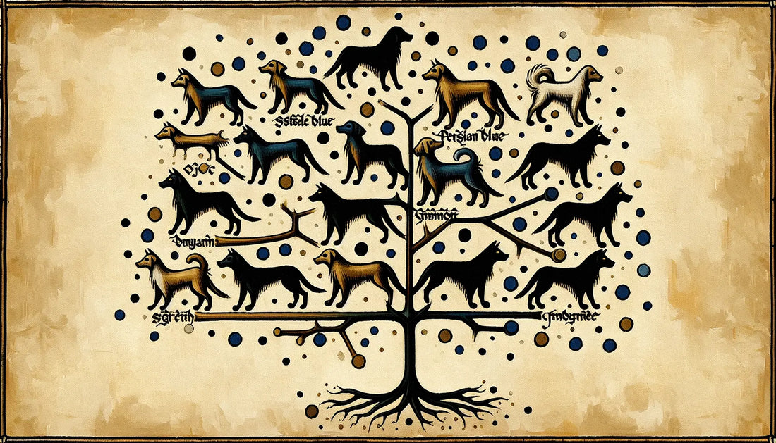 Medieval style stylized dog family tree in steel gray with blue kingdom nodes on warm textured ivory background