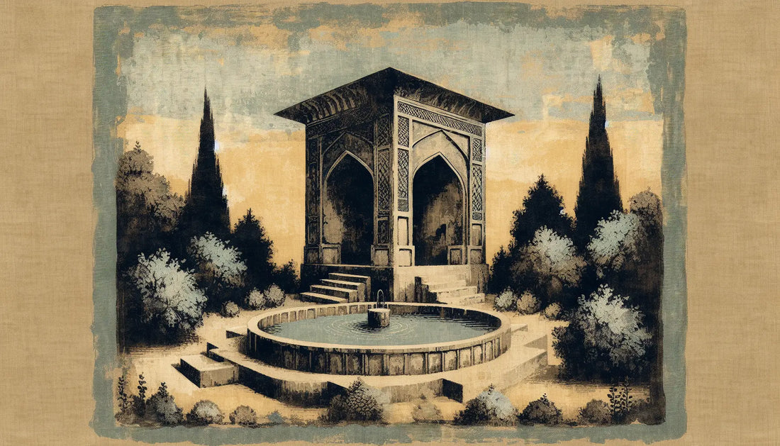 Grobe Ölmalerei von historischem Pool und Architektur mit Pflanzen auf hellem Leinenhintergrund