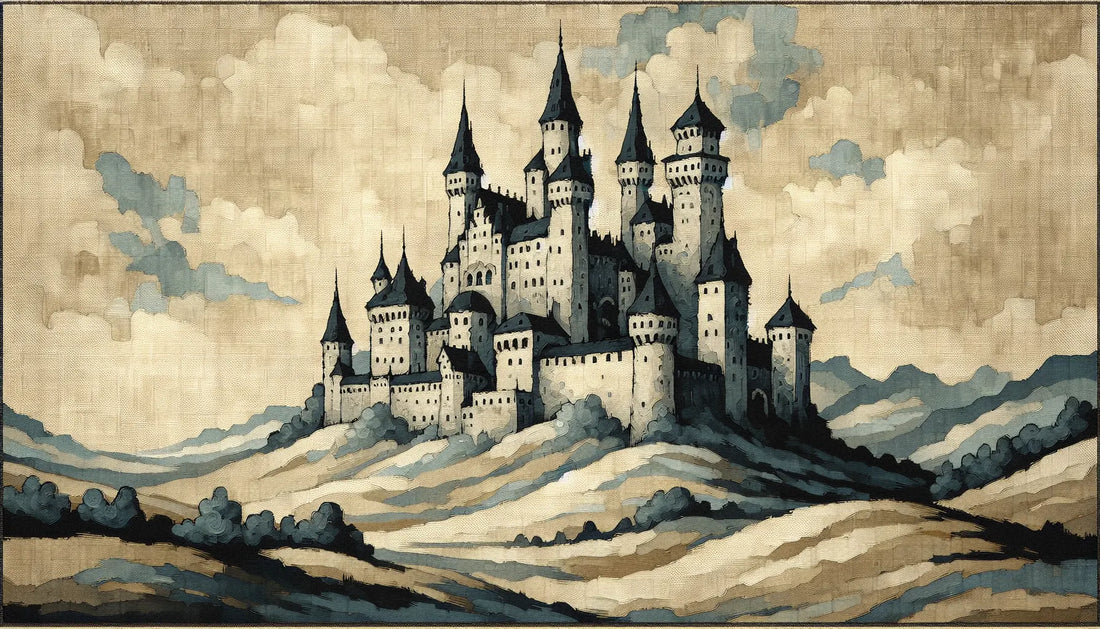 Stilisierte Burg mit Hügeln im mittelalterlichen Stil grob gemalt mit blauem Hügelhintergrund auf hellem Leinen