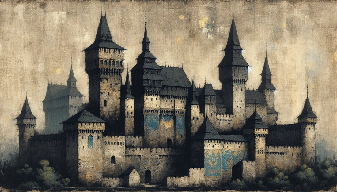 Historische Burg mit Türmen in rauer Ölmalerei vor hellem Leinenhintergrund ohne Perspektive