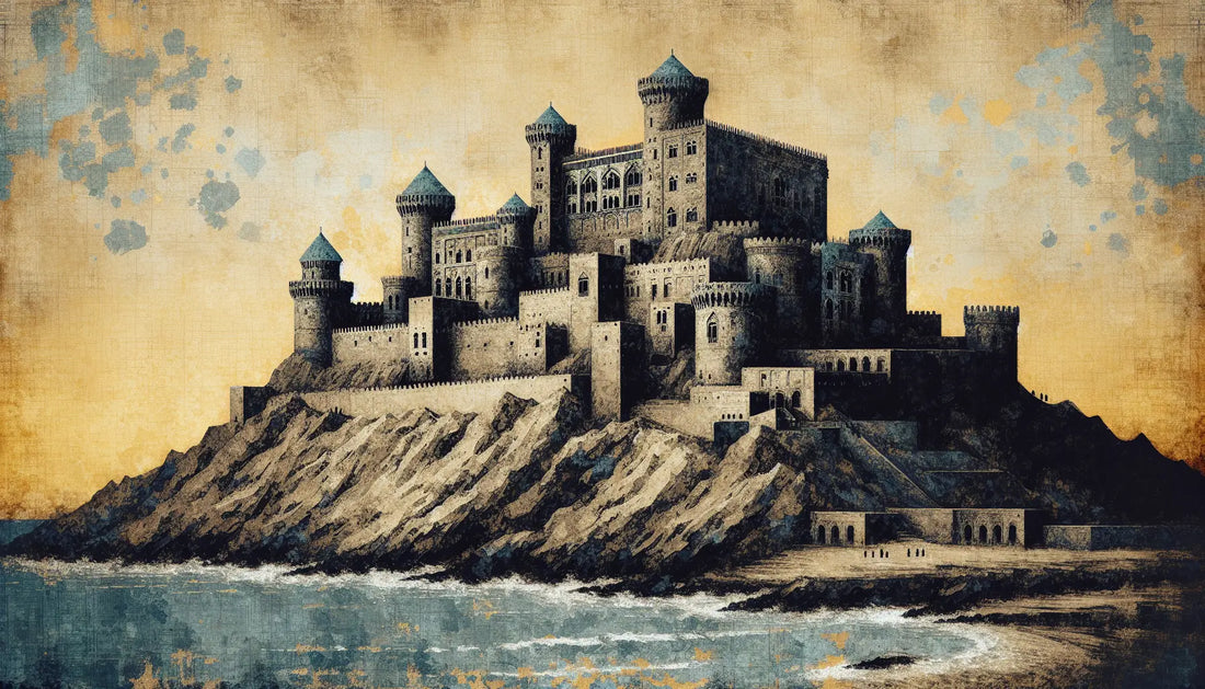 Großes steinernes Schloss auf Hügel mit Küstenlinie als mittelalterliches Ölbild ohne Menschen