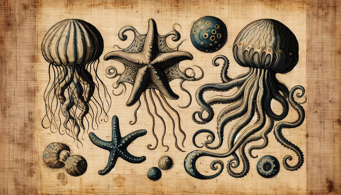 Drei mittelalterliche Meerestiere Qualle Seestern Oktopus grob gemalt auf hellem strukturiertem Hintergrund
