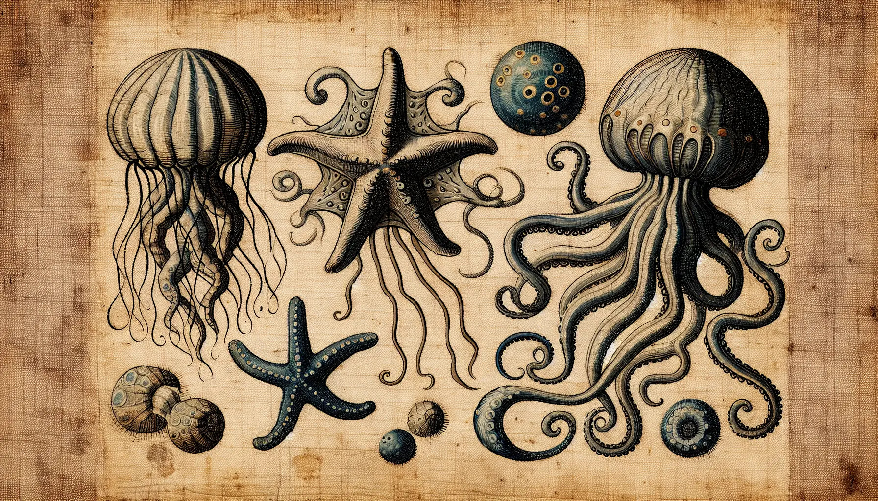 Drei mittelalterliche Meerestiere Qualle Seestern Oktopus grob gemalt auf hellem strukturiertem Hintergrund