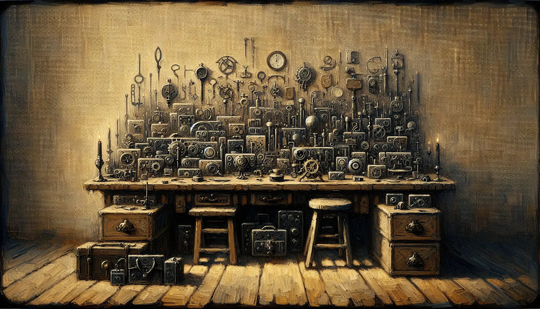 Symbolische mittelalterliche Detektivwerkstatt mit spionageähnlichen Objekten auf Schreibtisch grob gemalt