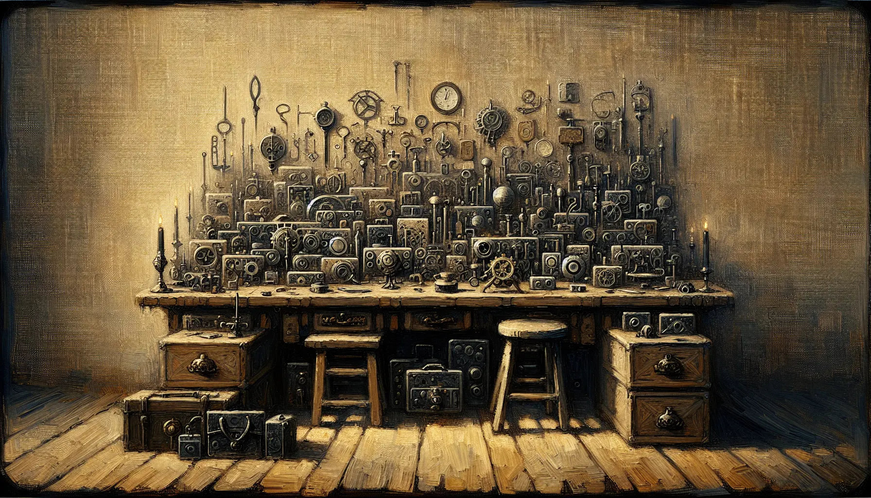 Symbolische mittelalterliche Detektivwerkstatt mit spionageähnlichen Objekten auf Schreibtisch grob gemalt