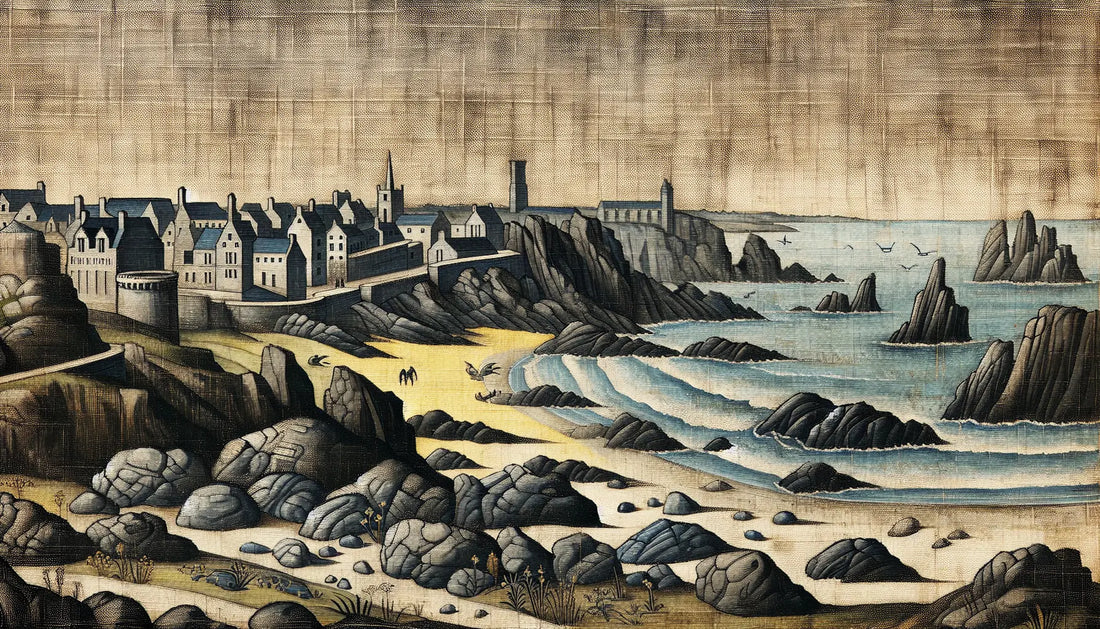 Mittelalterliche Küstenlandschaft mit Klippen und Strand in rauem Ölfarbton ohne Personen