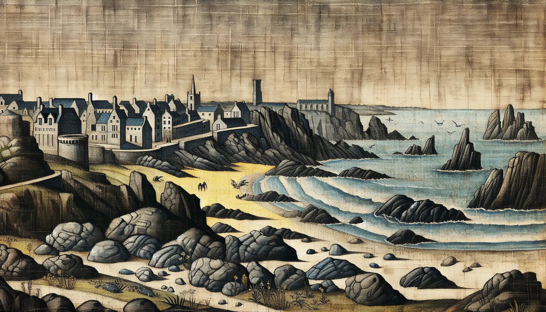 Mittelalterliche Küstenlandschaft mit Klippen und Strand in rauem Ölfarbton ohne Personen