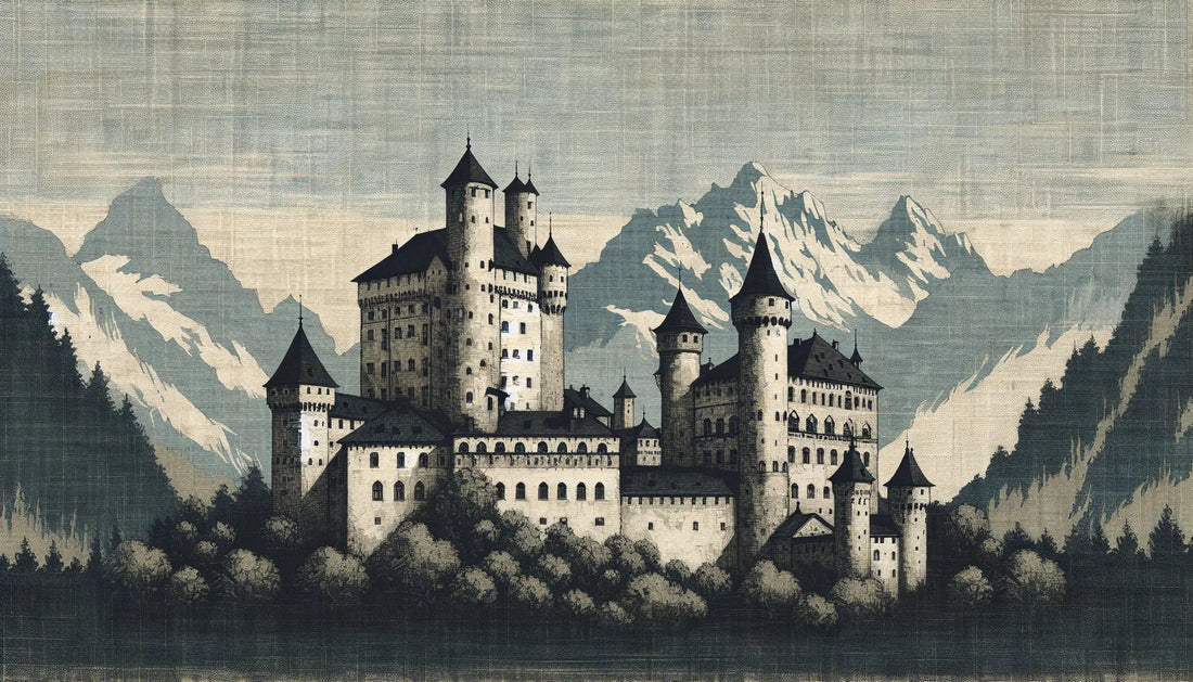 Mittelalterliches Schloss mit Wald und Alpen in rauer Ölmalerei auf hellem Grund