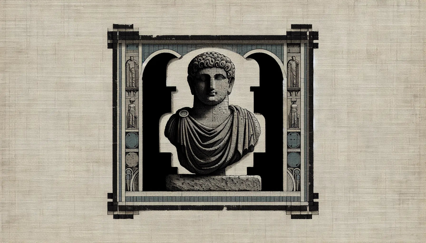 Grob gemalte Diorit-Skulptur mit architektonischer Umrahmung in kühlen Tönen auf hellem Grund