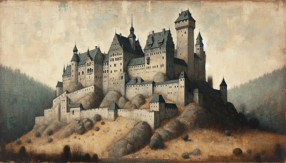 Mittelalterliche deutsche Burg auf Hügel mit Wald im Hintergrund im rauen Ölmalstil