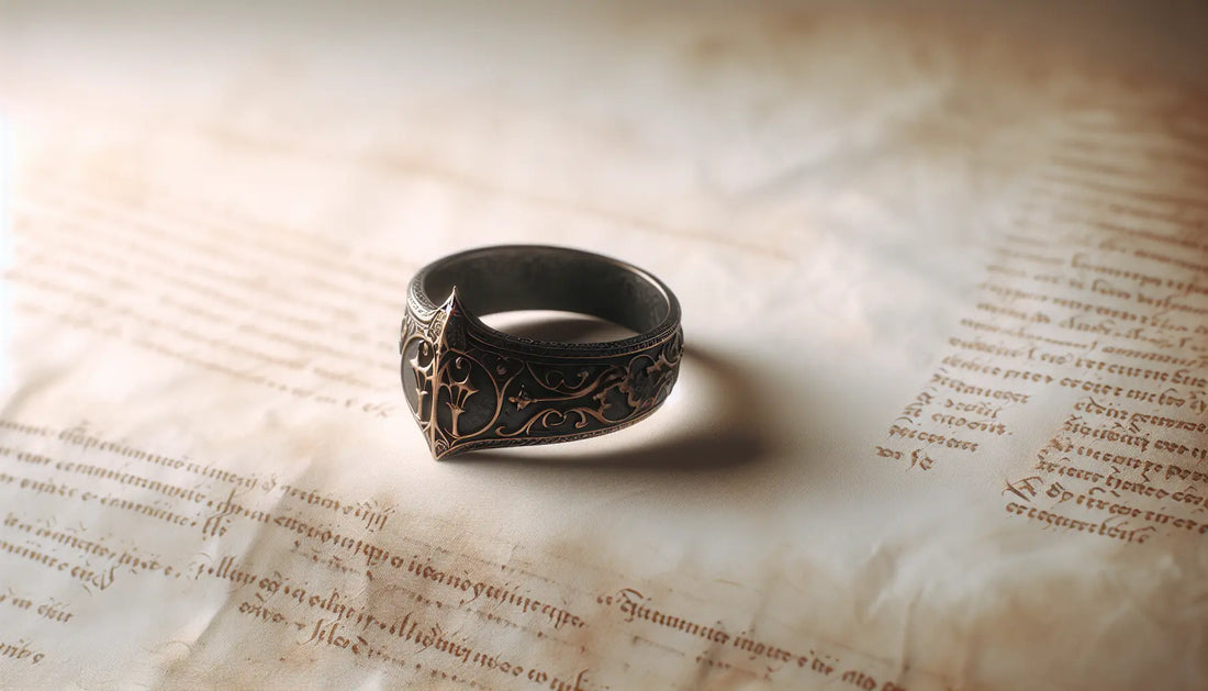 Mittelalterlicher Kreuzritter Ring auf hellem Untergrund mit goldener Fassung im gealterten Malstil