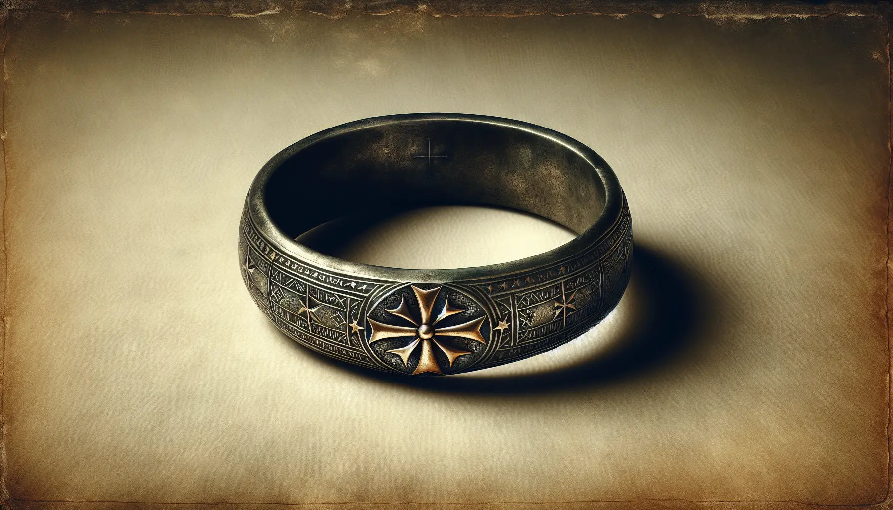 Mittelalterlicher silberner Ring mit Kreuz pattée und Stern von Bethlehem auf hellem Hintergrund gealterte Museumsdarstellung