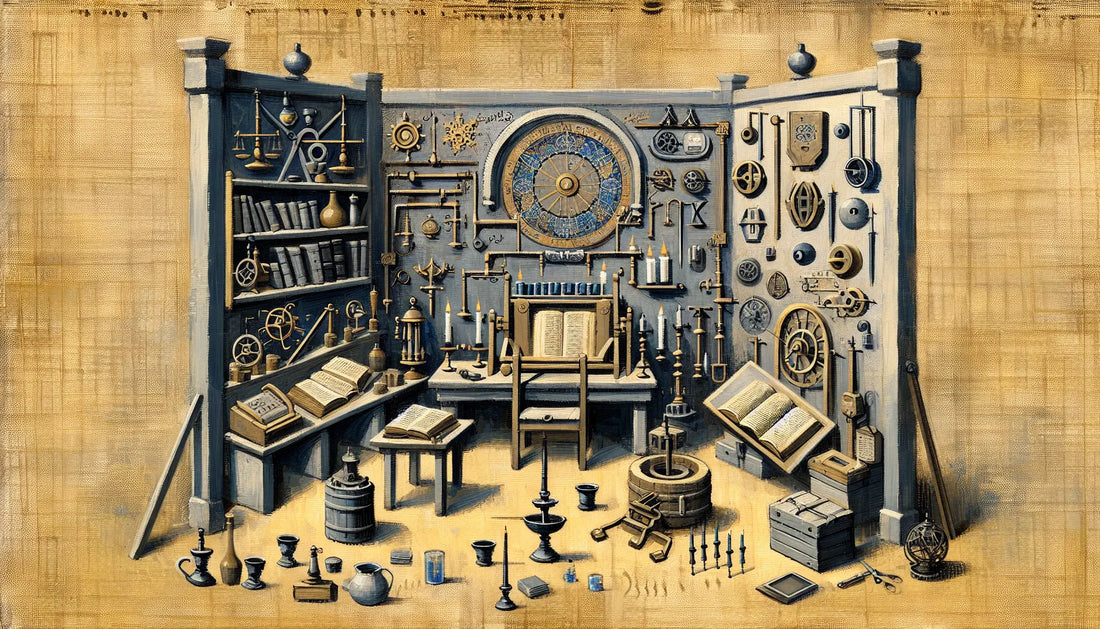Mittelalterlicher Raum mit Spionagegeräten Kerzenbüchern und mechanischen Apparaturen grob gemalt