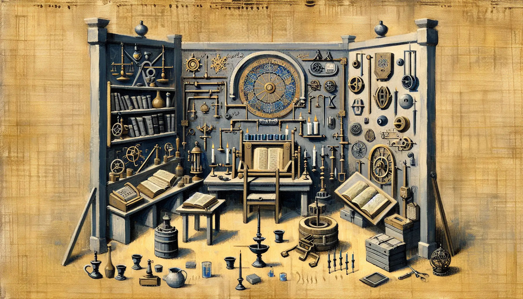 Mittelalterlicher Raum mit Spionagegeräten Kerzenbüchern und mechanischen Apparaturen grob gemalt