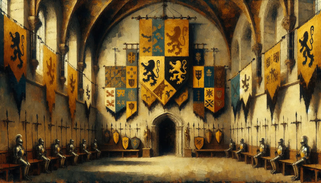 Mittelalterlicher großer Saal mit Bannern und Wappen auf hellem strukturiertem Grund