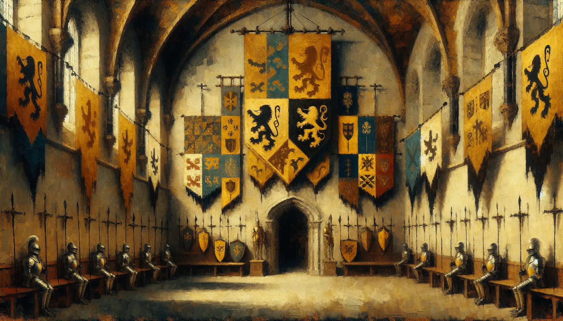 Mittelalterlicher großer Saal mit Bannern und Wappen auf hellem strukturiertem Grund