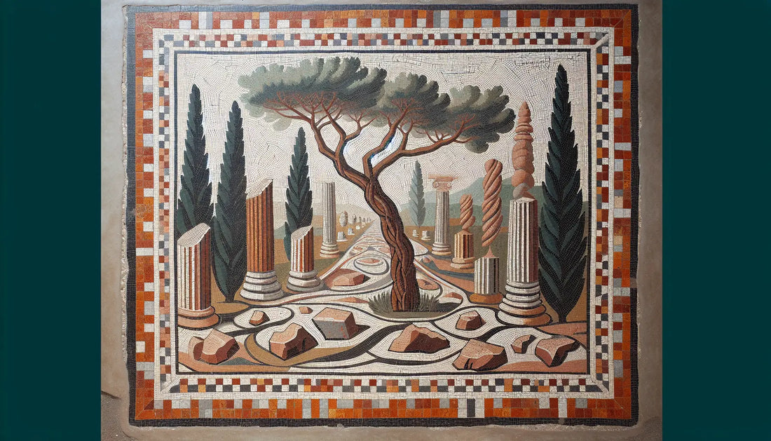 Mosaik mit antiker Via Appia Allee Steine und Pinien in Rotbraun Ocker und Blau auf hellem Terracotta Hintergrund