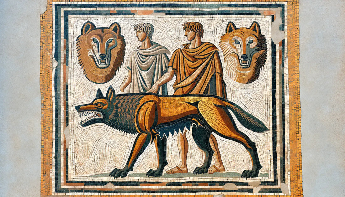 Römisches Mosaik mit abstrahierter Wölfin und Romulus und Remus in rotbraun ocker und blau auf hellem stein