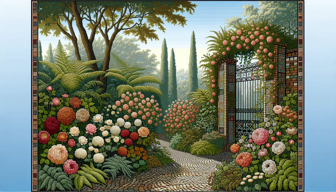 Antike Via Appia mit Pinien und Ruinen als Mosaik in Erdfarben und Blau auf hellem Grund