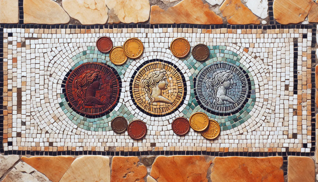 Drei abstrahierte Münzen in Rotbraun Ocker und Blau als ornamentales römisches Bodenmosaik