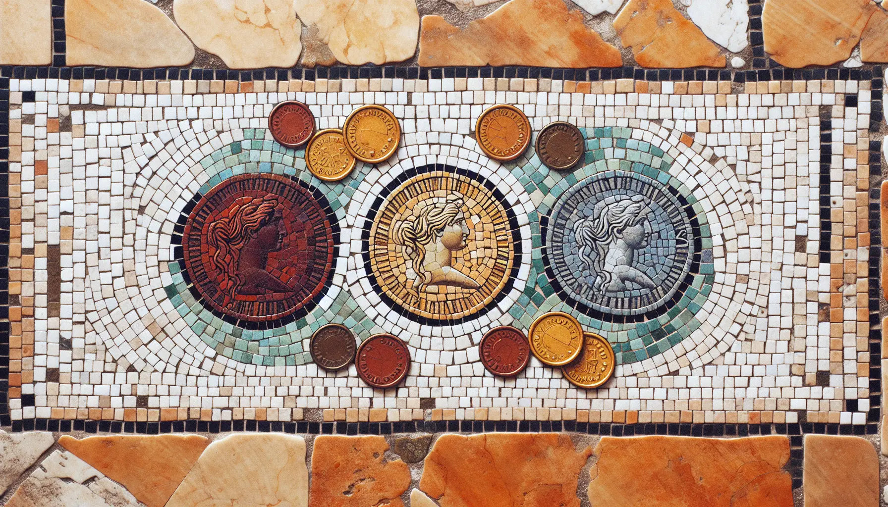 Drei abstrahierte Münzen in Rotbraun Ocker und Blau als ornamentales römisches Bodenmosaik